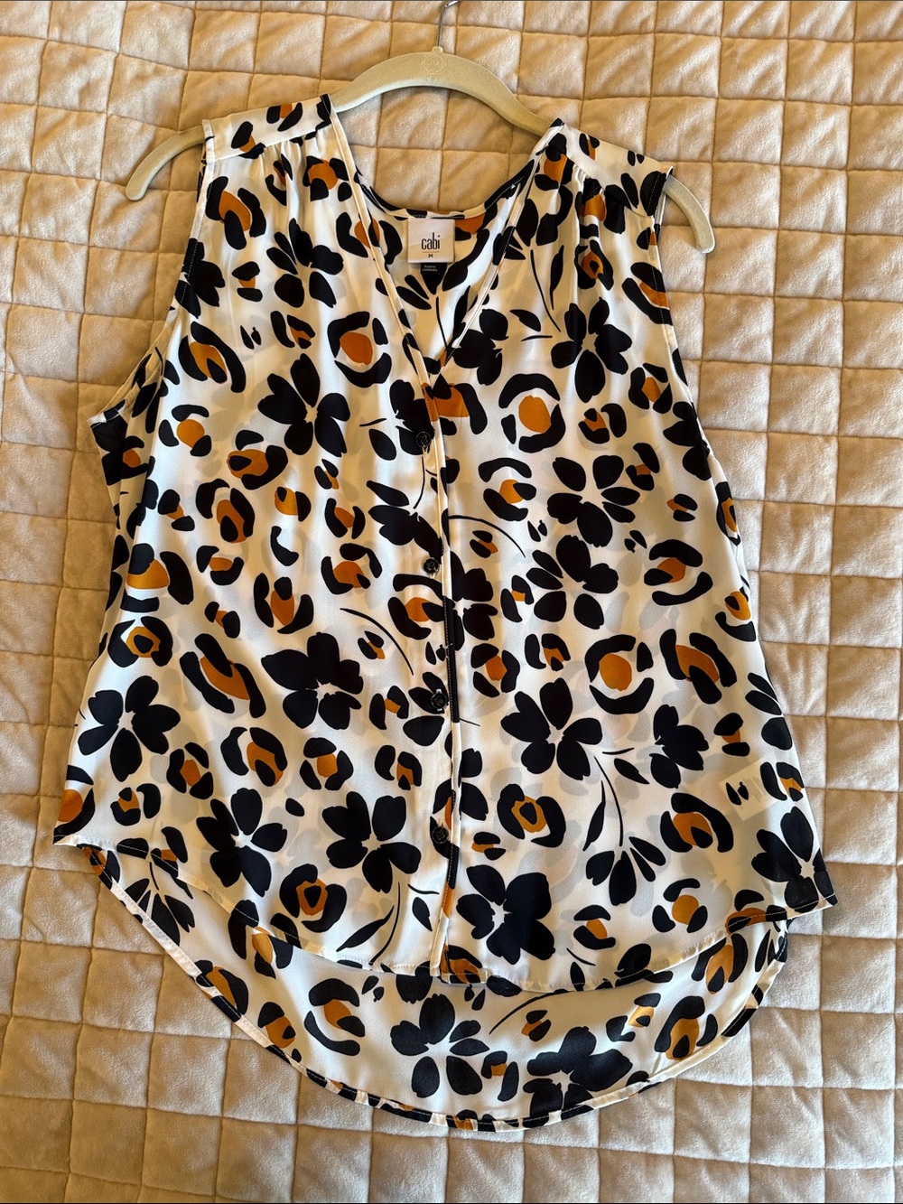 CAbi White Sleeveless V-Neck Shell with Black Floral and Gold Leopard Accents
